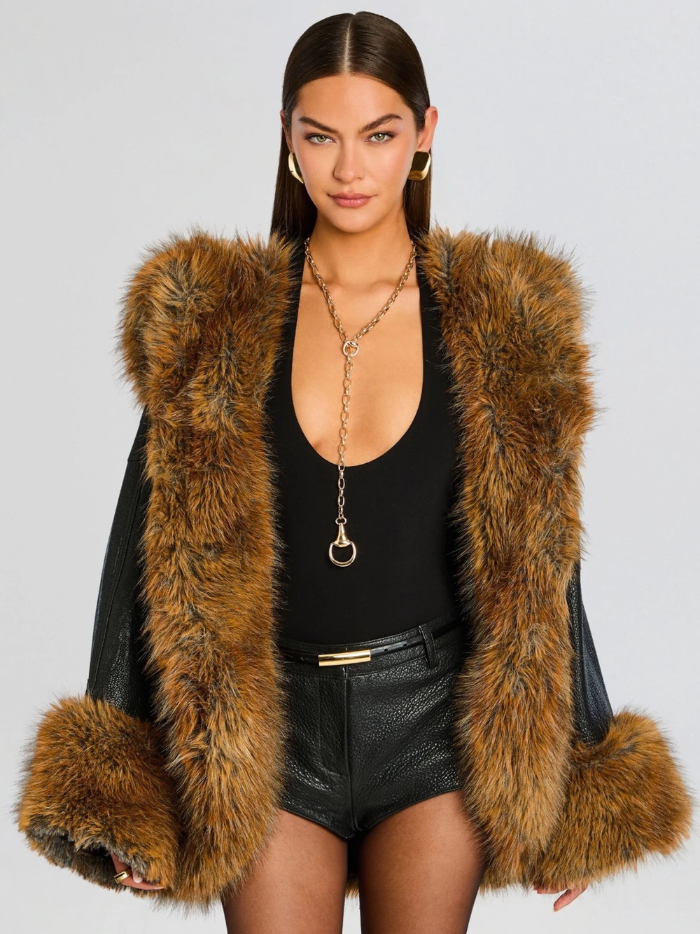 Retrofete Black Leather Jacket with Brown Faux-Fur Trim